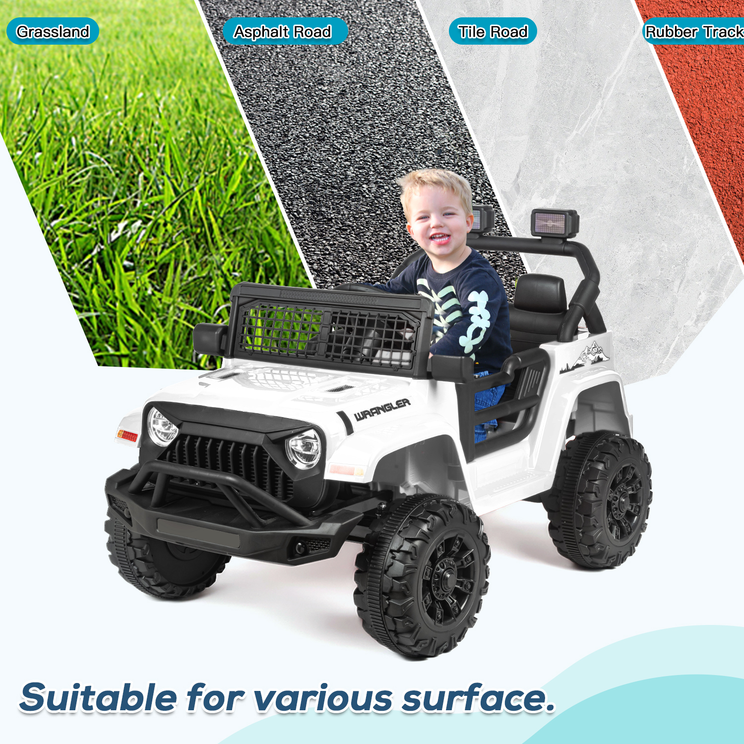 Erinnyees Ride on Jeep Car 12V Kids Electric Vehicles with Parent Remote Control, Safety Belt,Forward and Reverse Functions,Battery Powered,Spring Suspension,Music and Lights-White