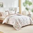 thumbnail image 2 of 3pcs Floral Cotton Comforter Set for Girls, Pink Flowers n Leaves Botanical Design, Twin Size Soft n Cozy Bedding Comforter Set for All Season- 68x88 inches, 2 of 7