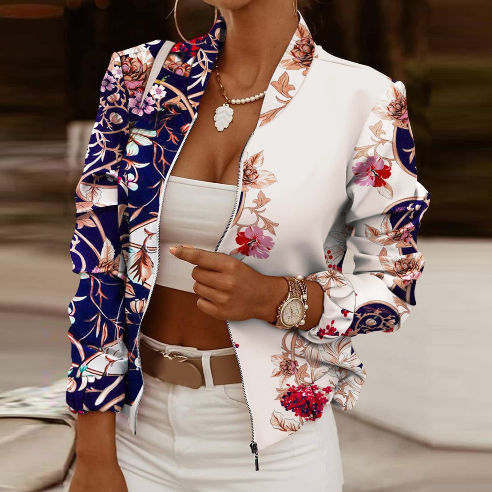 Bmisegm Autumn Womens Long Sleeve Stand Neck Flower Printed Zip up