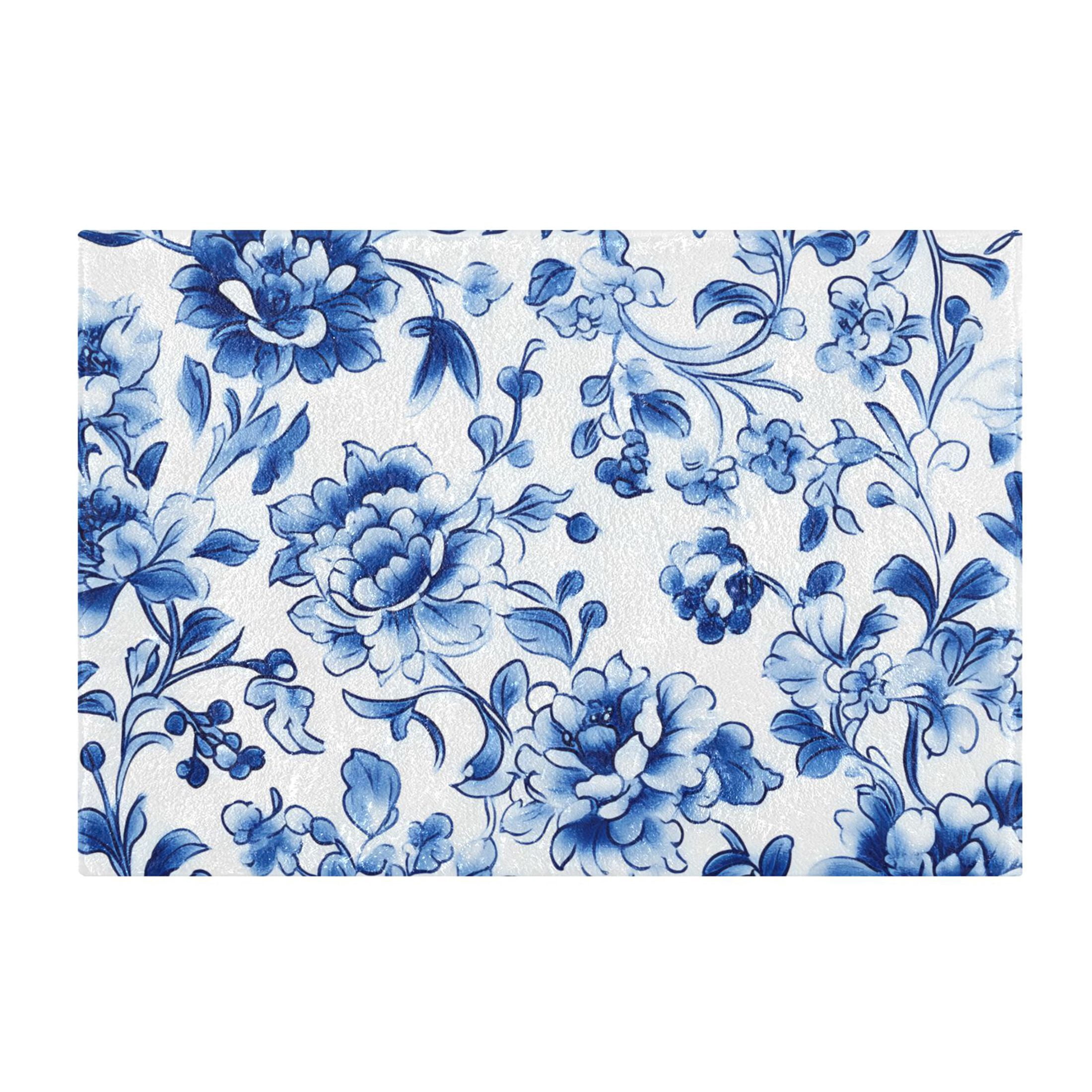 Toilet Rug Set Non-Slip Bathroom Rugs Soft Plush Machine Washable Contour Bath Mat Blue and White Porcelain Floral 24x20/24x16