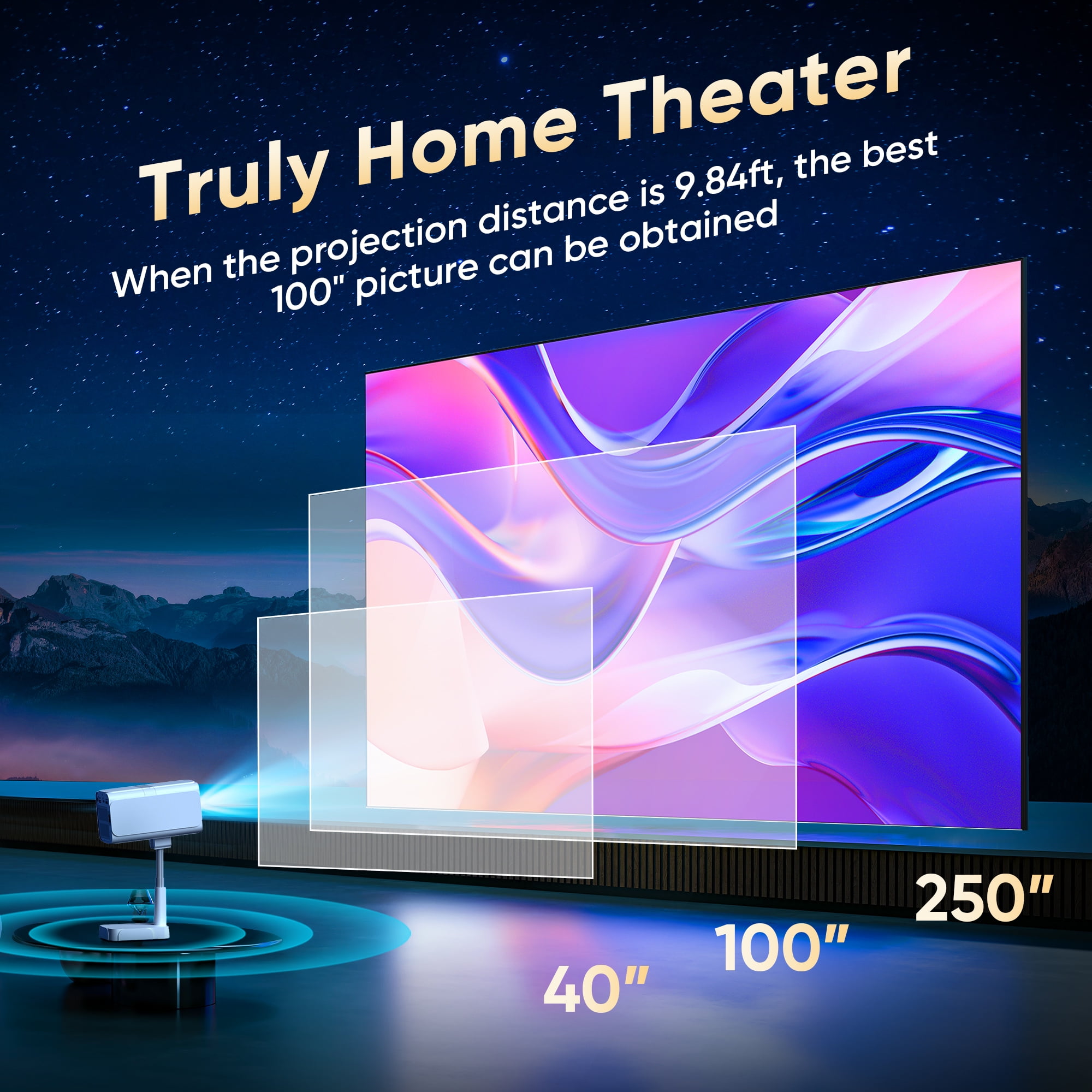 [Netflix Ready] Smart Projector with WiFi and Bluetooth, 4K 1080P Support, Electric Focus & Auto Keystone, Rotatable & Height-Adjustable Stand, Max 250" Screen