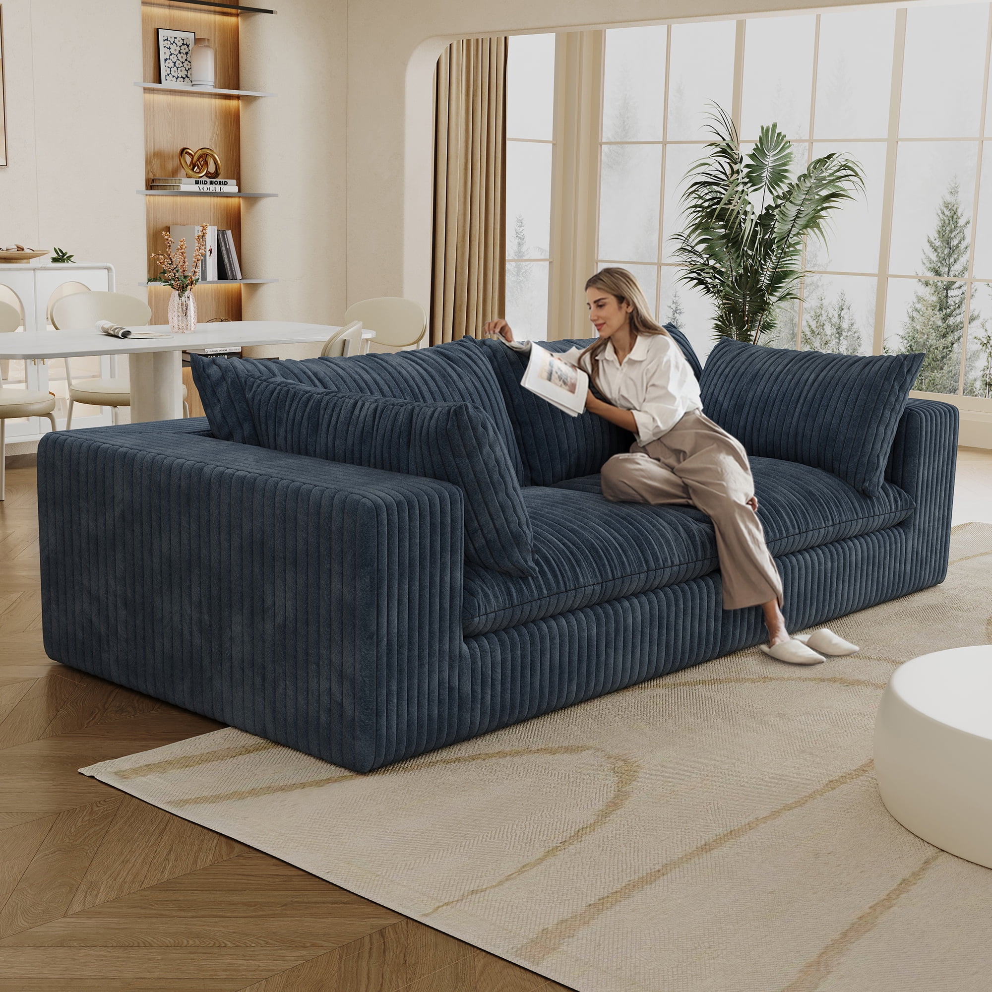 MAYEERTY 78.8" Cloud Sofa Blue Corduroy Deep Seat Double-Layer Removable Cushion No Assembly Multi-Rooms