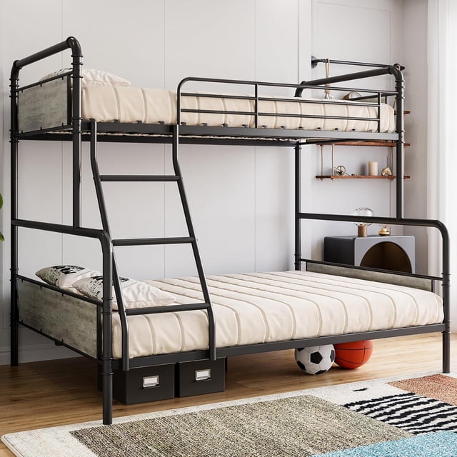 Memoryfield Bunk Bed Twin Over Full Size with High Guardrail and Ladder, Twin Size Convertible Metal Bunk Bed, No Box Spring Needed, Gray