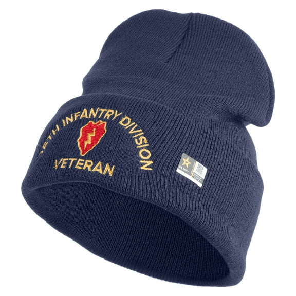 U.S. Army 25th Infantry Division Logo Embroidered 12 Inch Solid Knit Cuff Long Beanie Made in USA - Navy OSFM