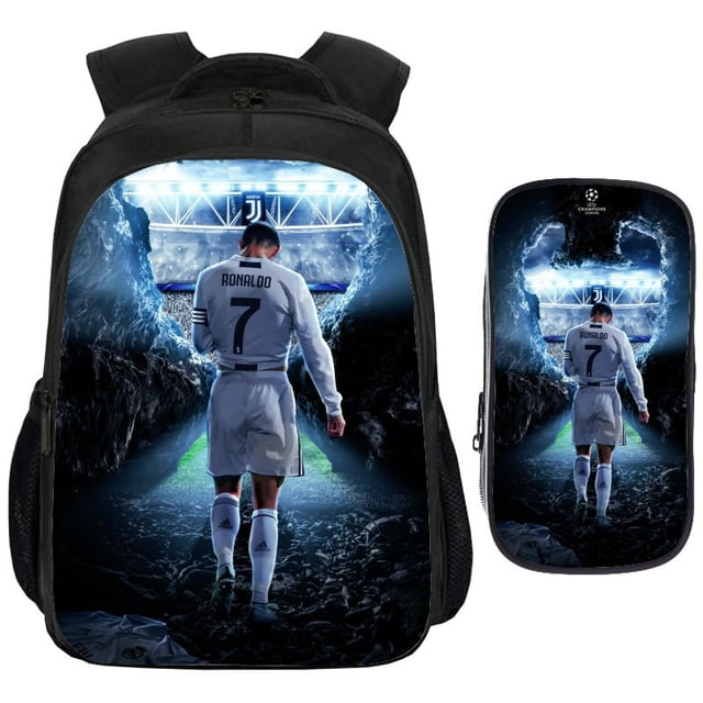 Football Star School Bag Set with Cristiano Ronaldo Design, 2-Piece (School Bag + Case), Black, 41cm