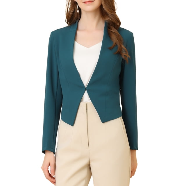 Blazer de Travail pour Femme Sans Col, Veste de Tailleur Décontractée de Bureau, Blazer Court, P Bleu Paon