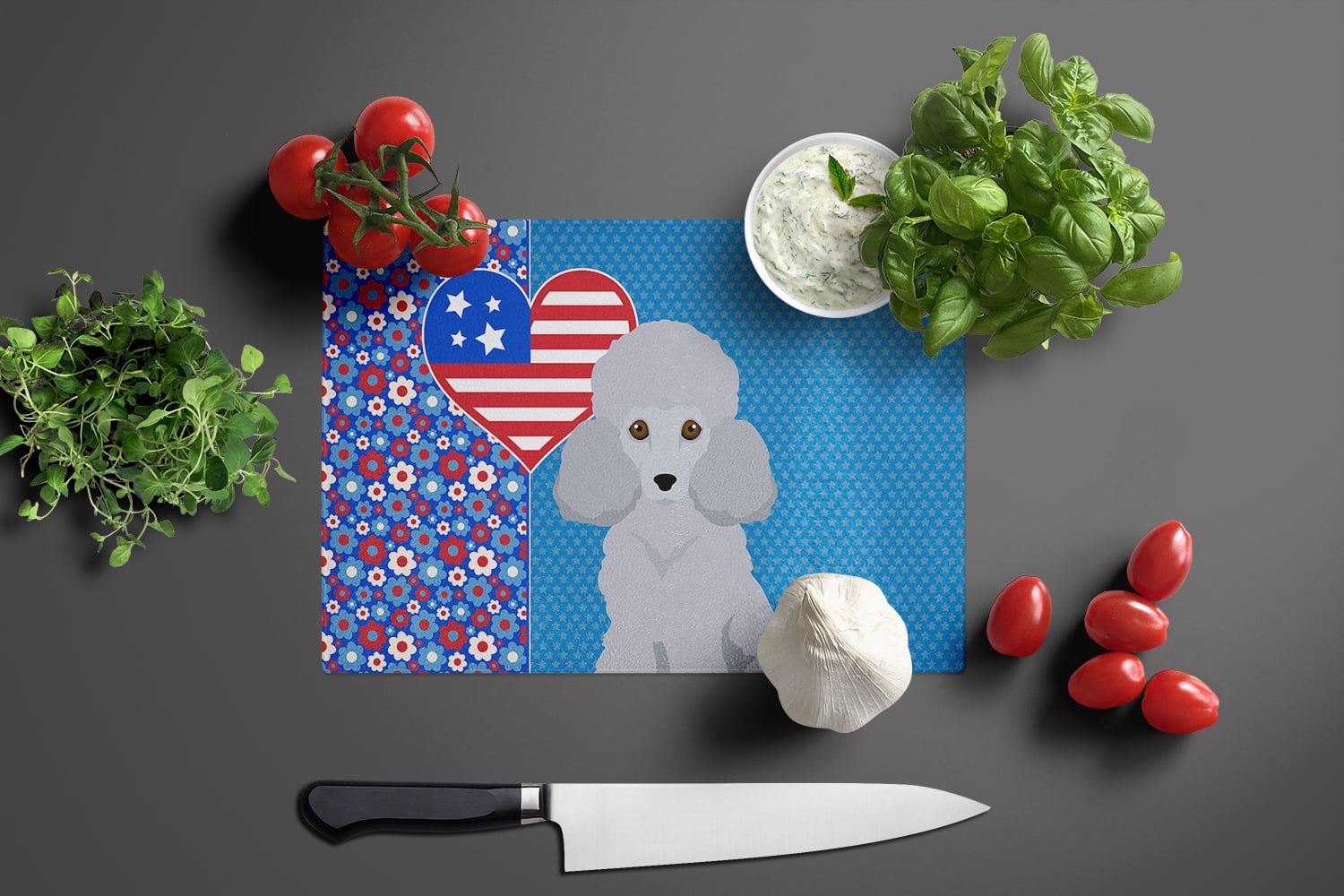 Toy Silver Poodle Glass Cutting Board Large 12 in x 15 in