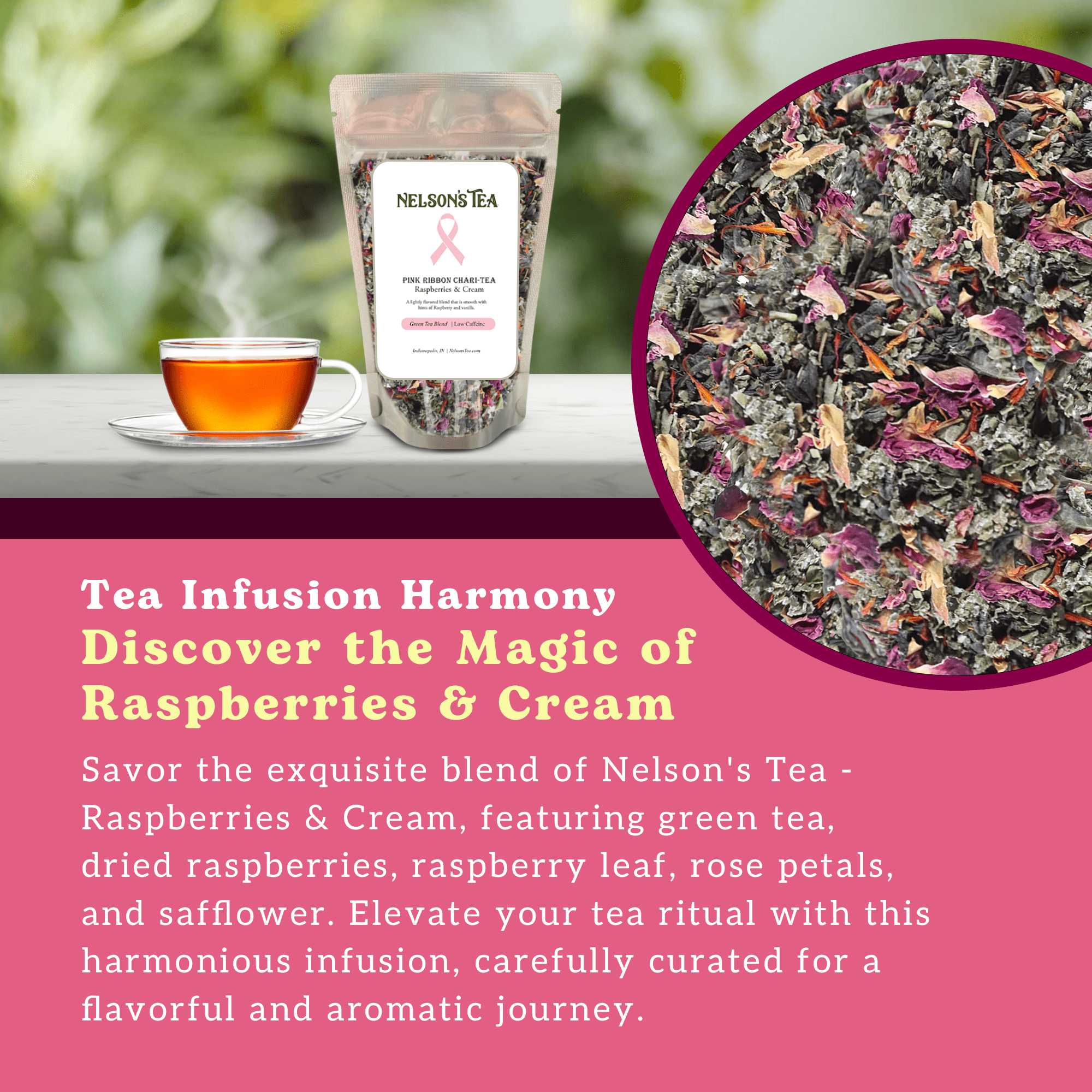 Nelson's Tea Raspberry & Cream - Cut & Sifted Raspberry Loose Leaf Tea with Rooibos Green Tea, Dried Red Raspberry Leaf, Marigold, Hibiscus, Rose Petals, and Safflower (3.2 oz)