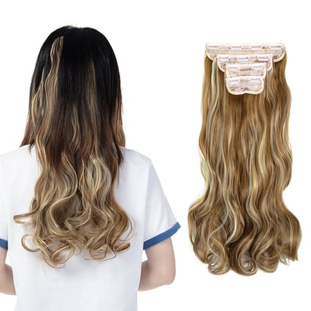 SHCKE 4 Pieces/set Clip In Hair Extensions 24 Inch Curly Hair Extensions Thickned Hair Extensions Synthetic Fiber Hair Extensions for Women Ginger Brown Mix Bleach Blonde