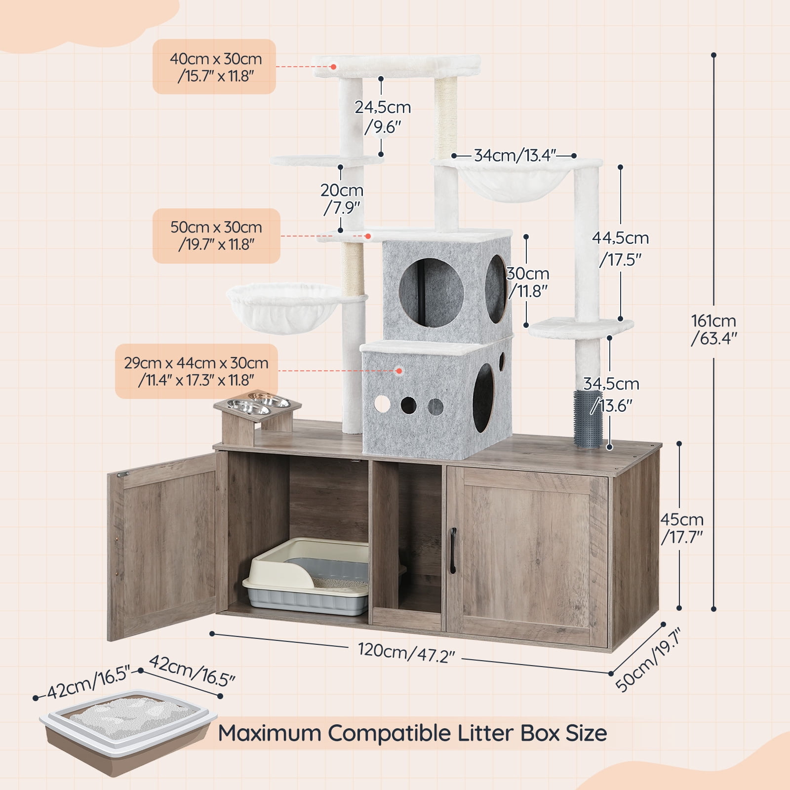 HOOBRO Cat Tree with Dual Litter Box Enclosure, Feeding Bowls, Scratching Posts & Hammocks, Greige