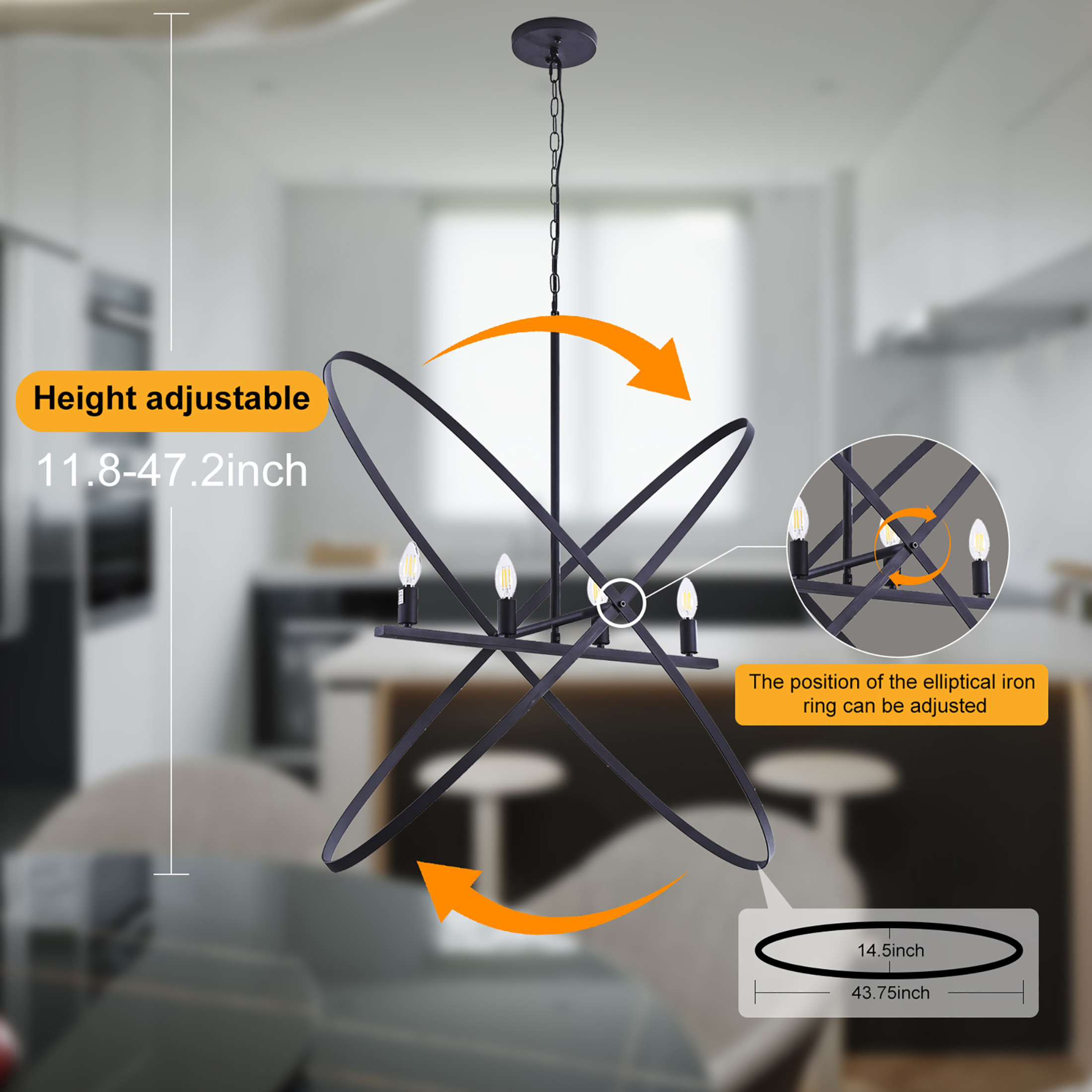 Noble House 29" Atom Pendant Light, E12 4-Light Orb with Brass Metal Bands, Modern LED Hanging Fixture, Matte Black