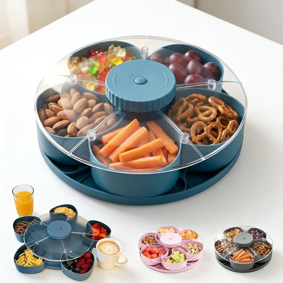 Divided Serving Tray That Spins - Perfect for Snacks, Dips & Party Appetizers, Rotating Snack Box Container with Lid, Lazy Susan Organizer Veggie Fruit Tray for Kitchen,Travel and Picnic (Blue)