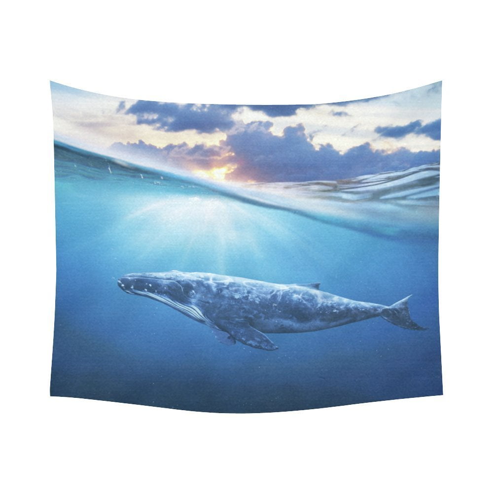 Gckg Whale Tapestry Horizontal Wall Hanging In The Blue Ocean Decor Art For Living Room Bedroom Dorm Cotton Linen Decoration 80 X 60 Inches