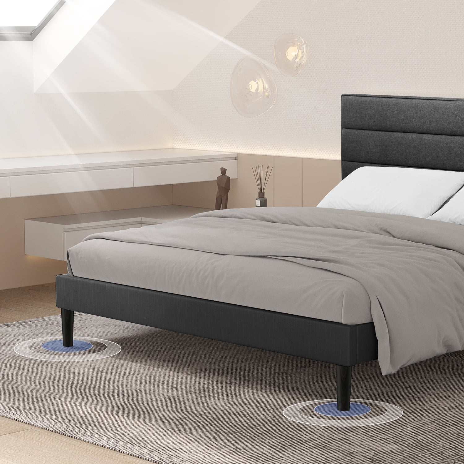 King Size Bed Frame Modern Horizontal Panel Upholstered Low Profile Platform with Tufted Headboard/No Box Spring Needed/No Bed Skirt Needed/Linen Fabric Upholstery, Grey