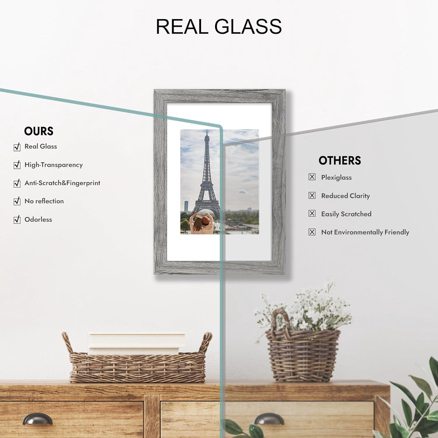 7x10 Picture Frame Set of 2, Made of Real Glass and Grey Wooden Frame - Display 5.5 x 8.5 Diploma Frame with Mat or 7x10 Without Mat, 7 by 10 Photo for Wall or Tabletop