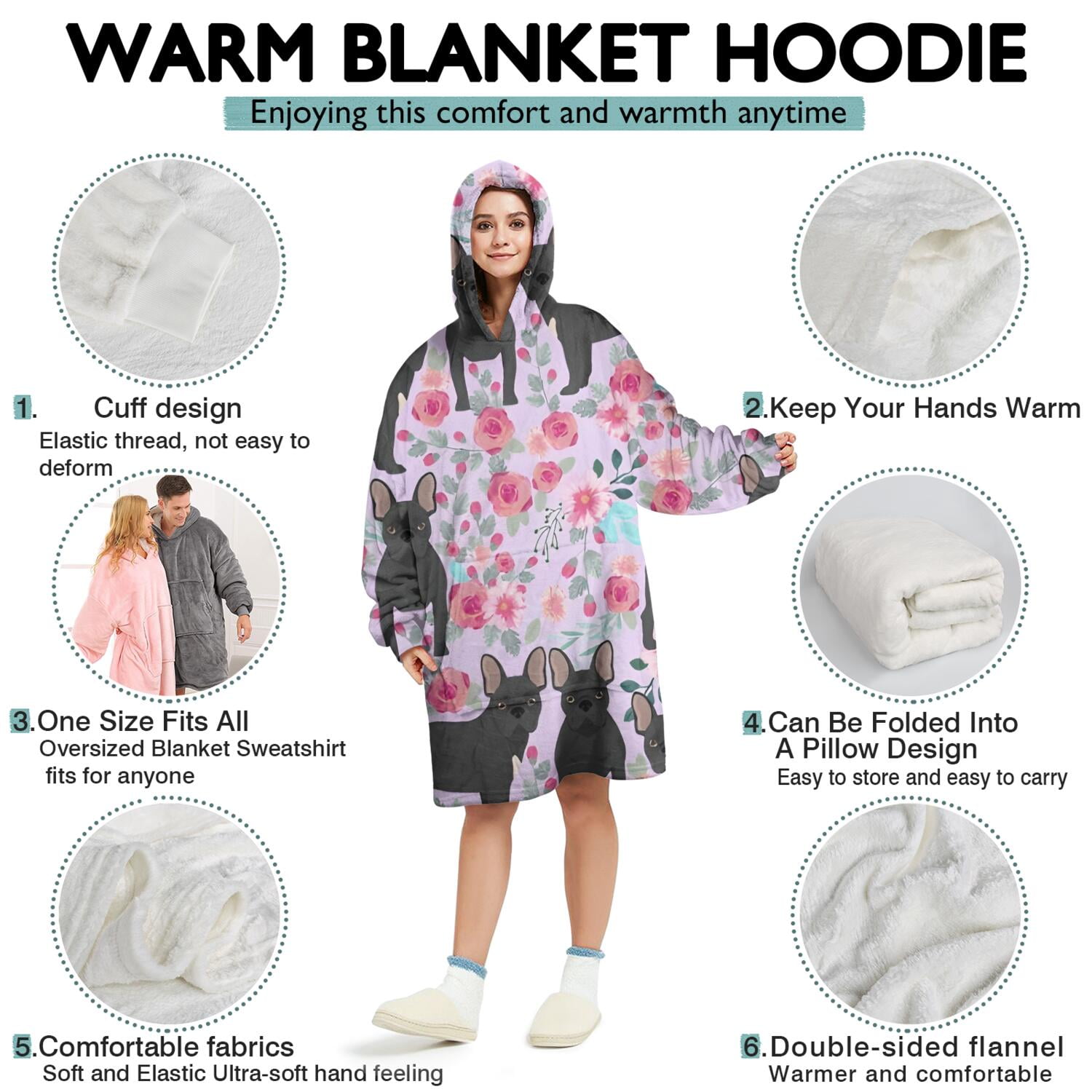 French Bulldog and Flower Wearable Oversized Blanket,Wearable Blanket Hoodie for Adults,Cozy Hooded Blankets with Super Pockets,Super Warm Fuzzy Pullover for Women & Men