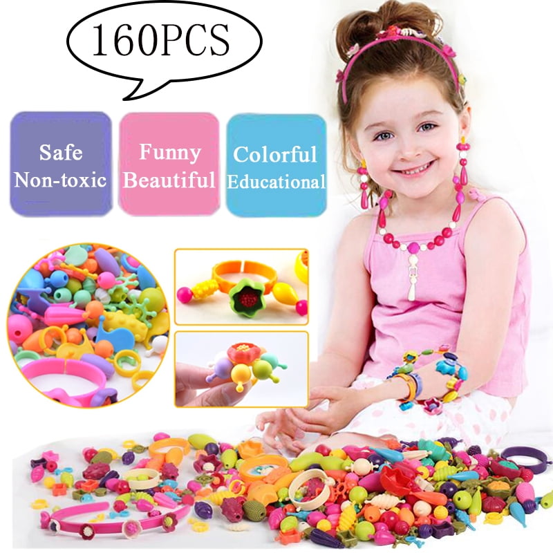 LNKOO 160 Pieces Snap Pop Beads for Girls Toys - Kids Jewelry Making Kit Pop-Bead Art and Craft Kits DIY Bracelets Necklace Hairband and Rings Toy for Age 3 4 5 6 7 8 Year Old Girl