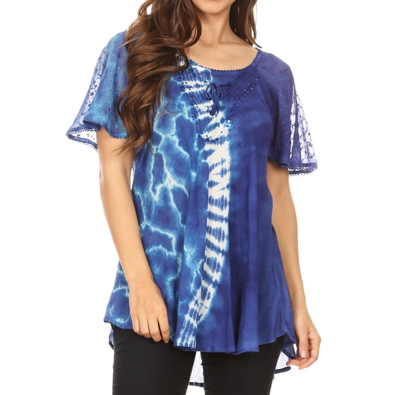 Sakkas Iris Womens Tie-dye Short Sleeve Blouse Top with Corset and Embroidery - Royal Blue - One Size