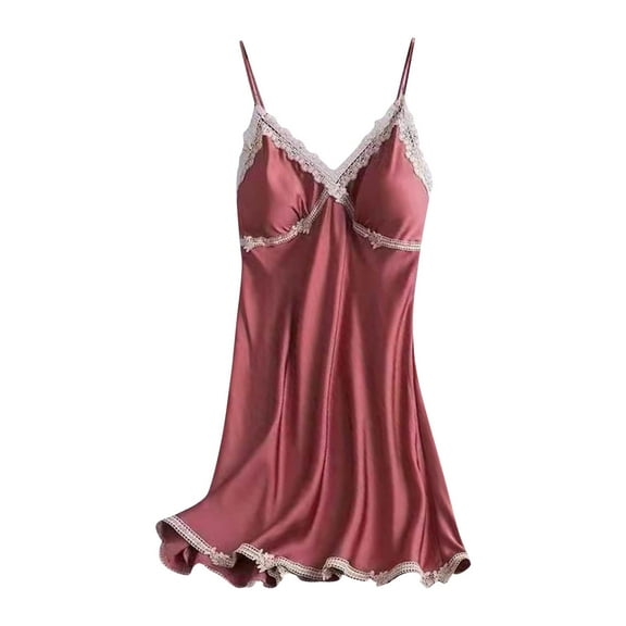 DHFJKG Nightgowns For Womens Silk Satin Mini Sleep Dress Casual Lace Trim Spaghetti Strap Padded Summer V Neck Nightwear Comfortable Home Clothes