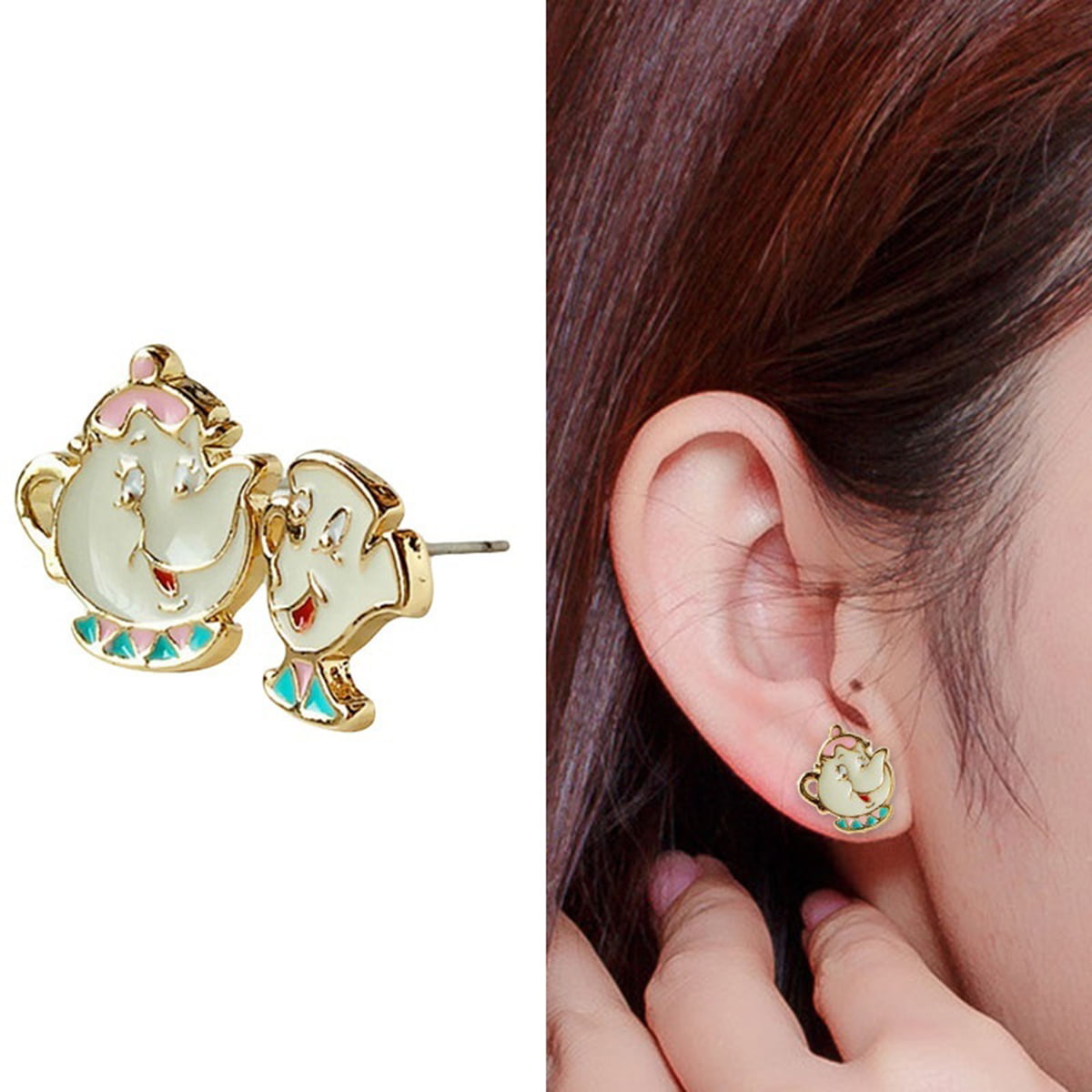 1Pair Lovely Cartoon Beauty And The Beast Earrings Cute Teapot Ear Studs