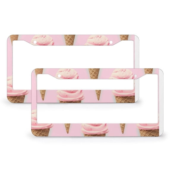 Ice Cream Cone Modern Pink License Plate Cover 2 Pcs Set Dessert Pink Car Accessories for Women Men US Vehicles 2 Holes Quality Aluminum License Plate Frames
