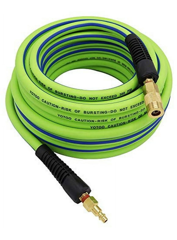 YOTOO Hybrid Air Hose 3/8" x 50' 300 PSI Flexible with Bend Restrictors, Quick Coupler Fittings. Green+Blue