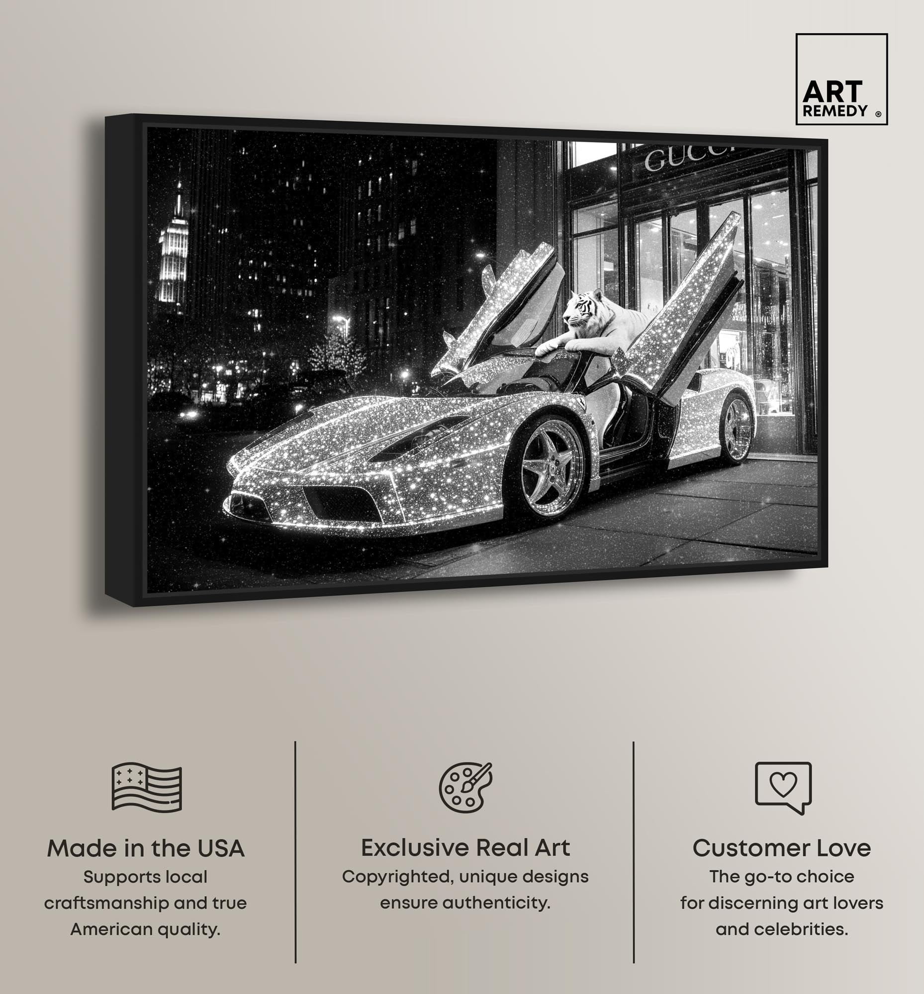 Glistening Tiger and Car Canvas Luxury Cars Prints by Art Remedy, Black Frame, 36 x 24