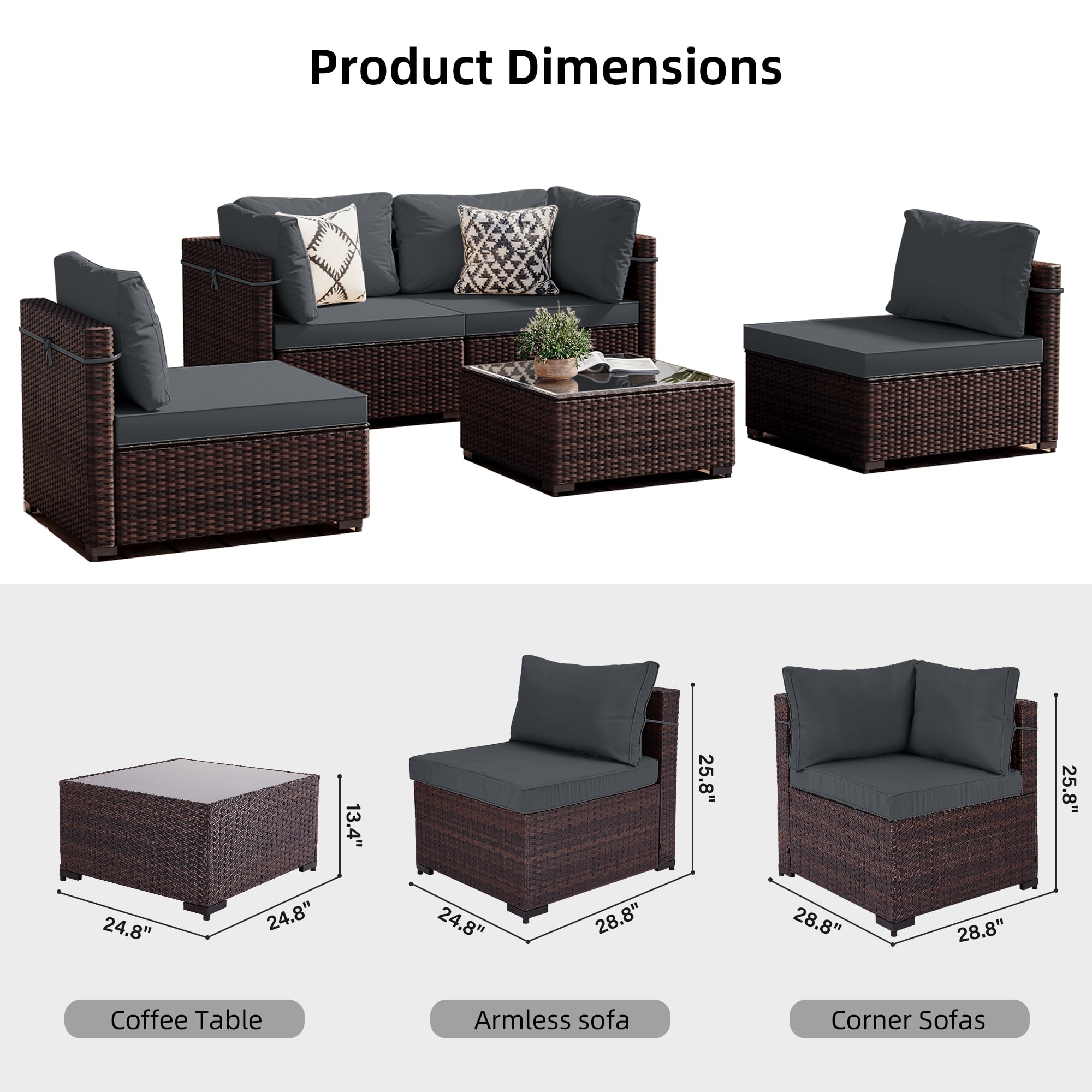 UPHA 5 Pieces Outdoor furniture Sets Patio Sectional Couch Wicker Conversation Sofa for Pools Outside, Gardens, Decks, Brown Rattan, Dark Gray Cushion