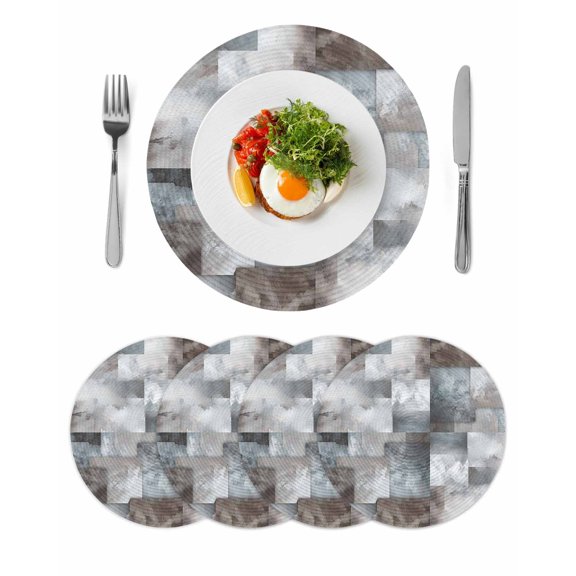 Gray Geometric Round 15 Inch Placemats Set of 4, Modern Abstract Art Block HeatResistant Non Slip Place Mats for Dining Table, Wipeable Braided Kitchen Table Mats for Housewarming