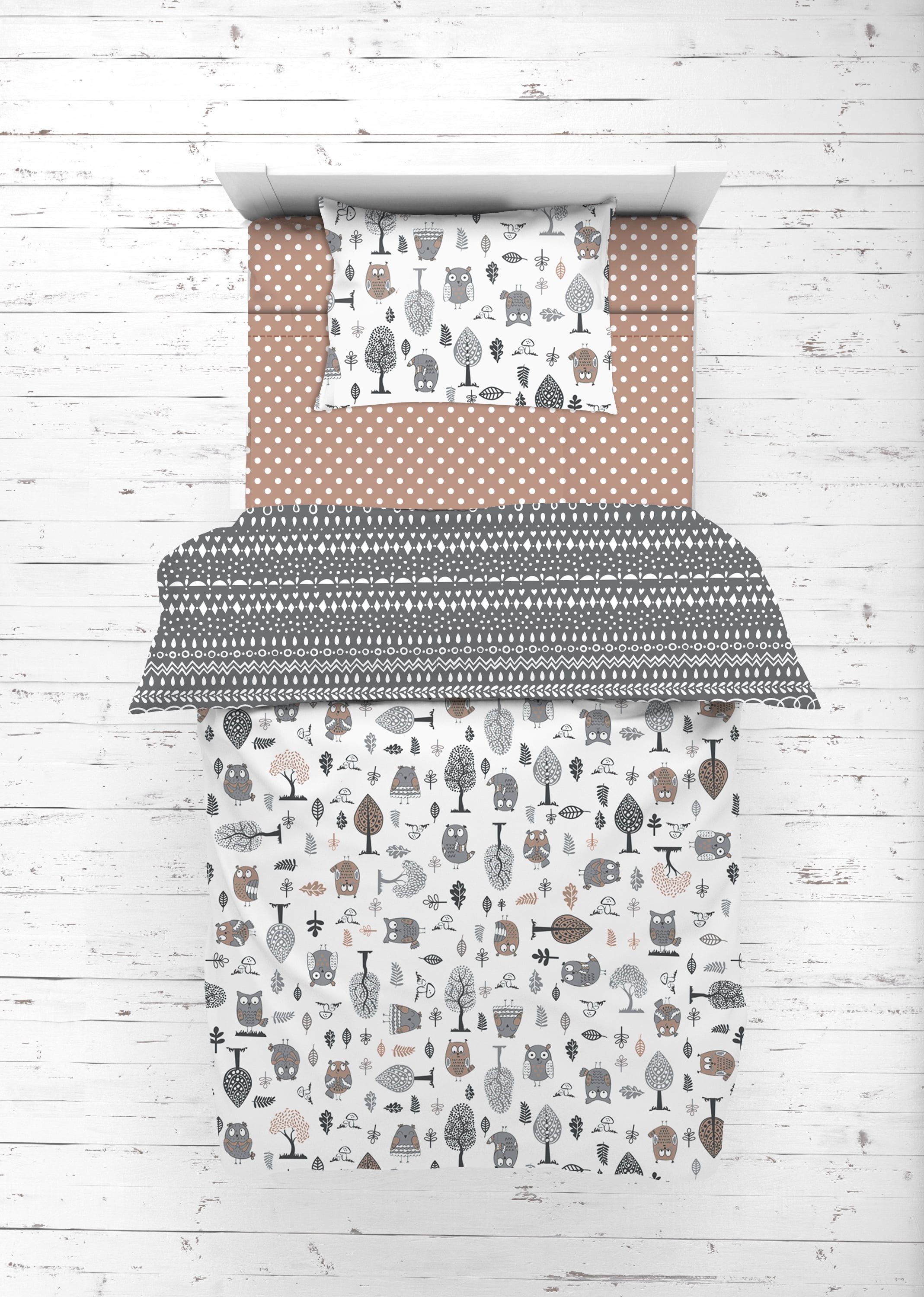 Bacati - Owls Grey/Beige Neutral Cotton Toddler Sheet Set