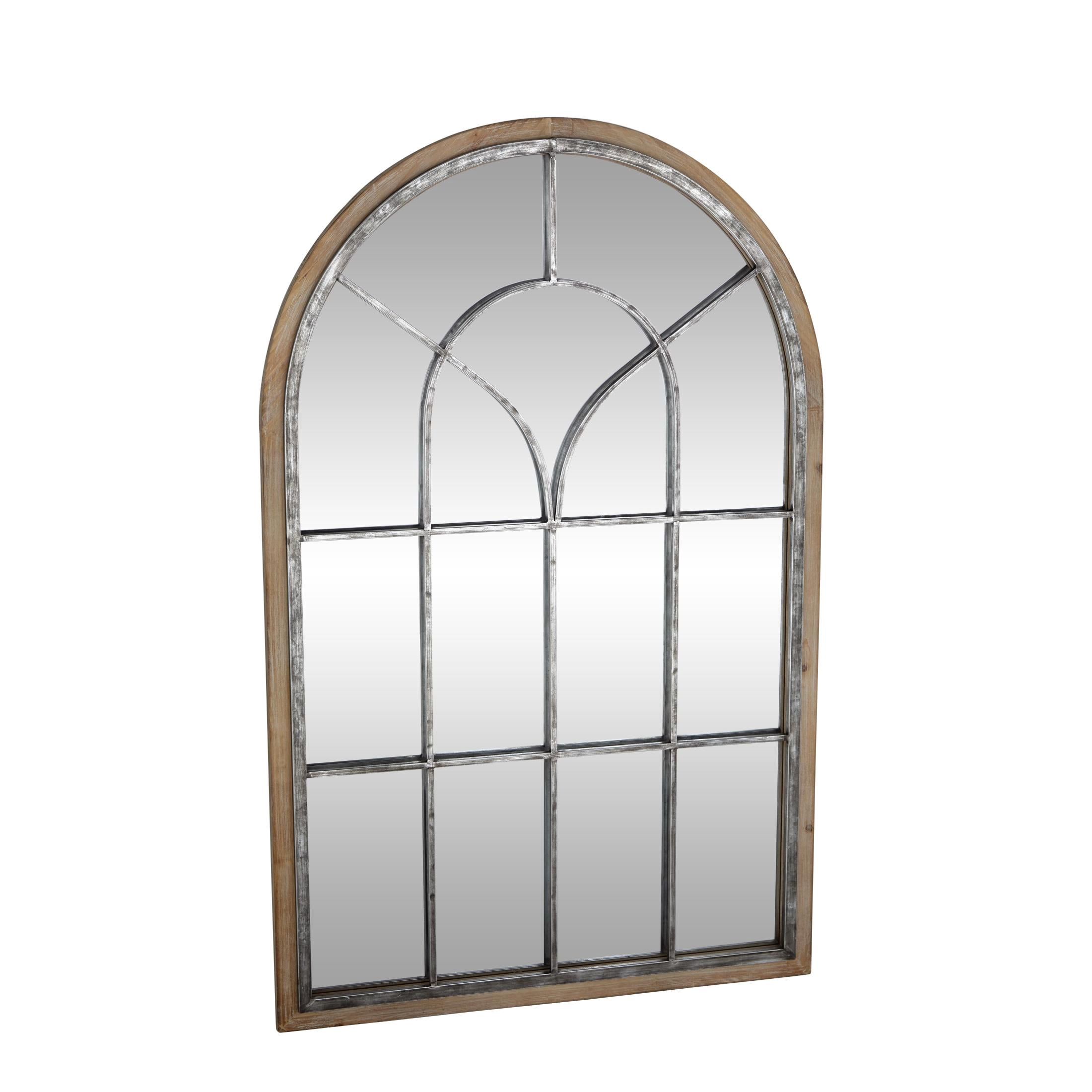 DecMode Farmhouse Glass Arched Window Pane Shape Wall Mirror with Distressed Brown/Whitewashed Finish, 33"W x 51"H
