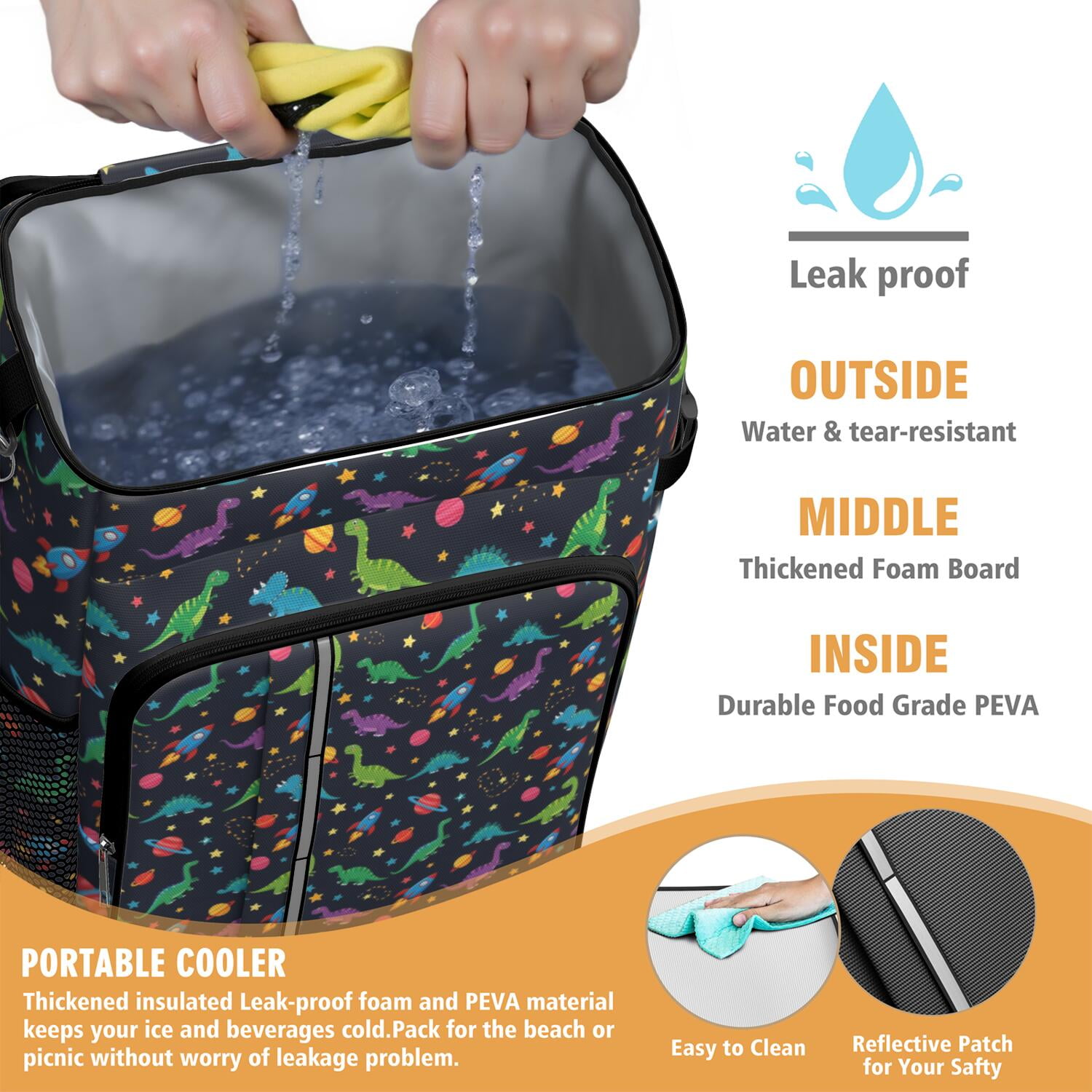 Travel Cooler Bag - Space Dinosaur Pattern Camping Beer Cooler Backpack with Bottle Opener- Waterproof Insulated Picnic Backpacks - Cooler Bag for Beach