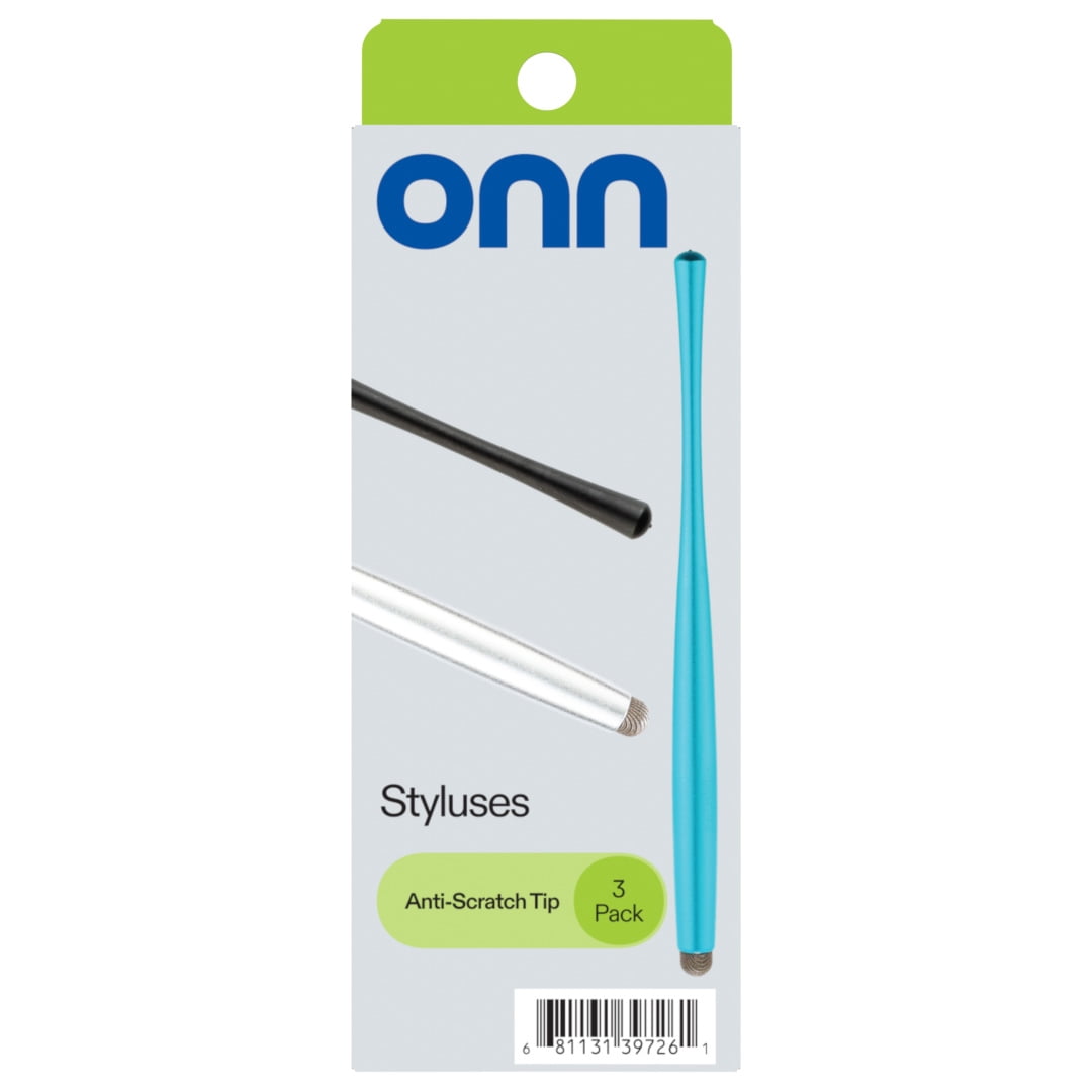 onn. Touch Pen Tablets Smartphone Styluses, Anti-Scratch Rubber Tips, 3 Count - Black, Blue, Gray