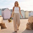 thumbnail image 4 of Wide Leg Pants for Women Casual Cotton Linen Drawstring Waist Palazzo Pants Loose Fit Daily Wear Flowy Beach Pants, 4 of 6