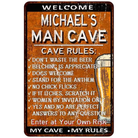 MICHAEL'S Man Cave Rules Rusty Sign Garage Decor 8 x 12 High Gloss Metal 208120051420
