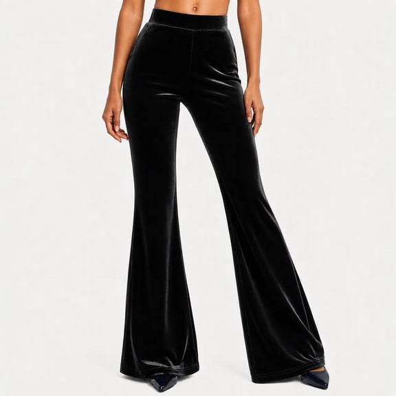 Bpyeka Women's Flare Pants High Waist Velvet Solid Stretch Casual Long Pants S-3XL