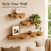 MEHOOM Set of 3 Live Edge Solid Wooden Floating Shelves, Rustic Farmhouse Vintage Wall Shelf Display Decor for Living Room, Bathroom, Bedroom, Brown