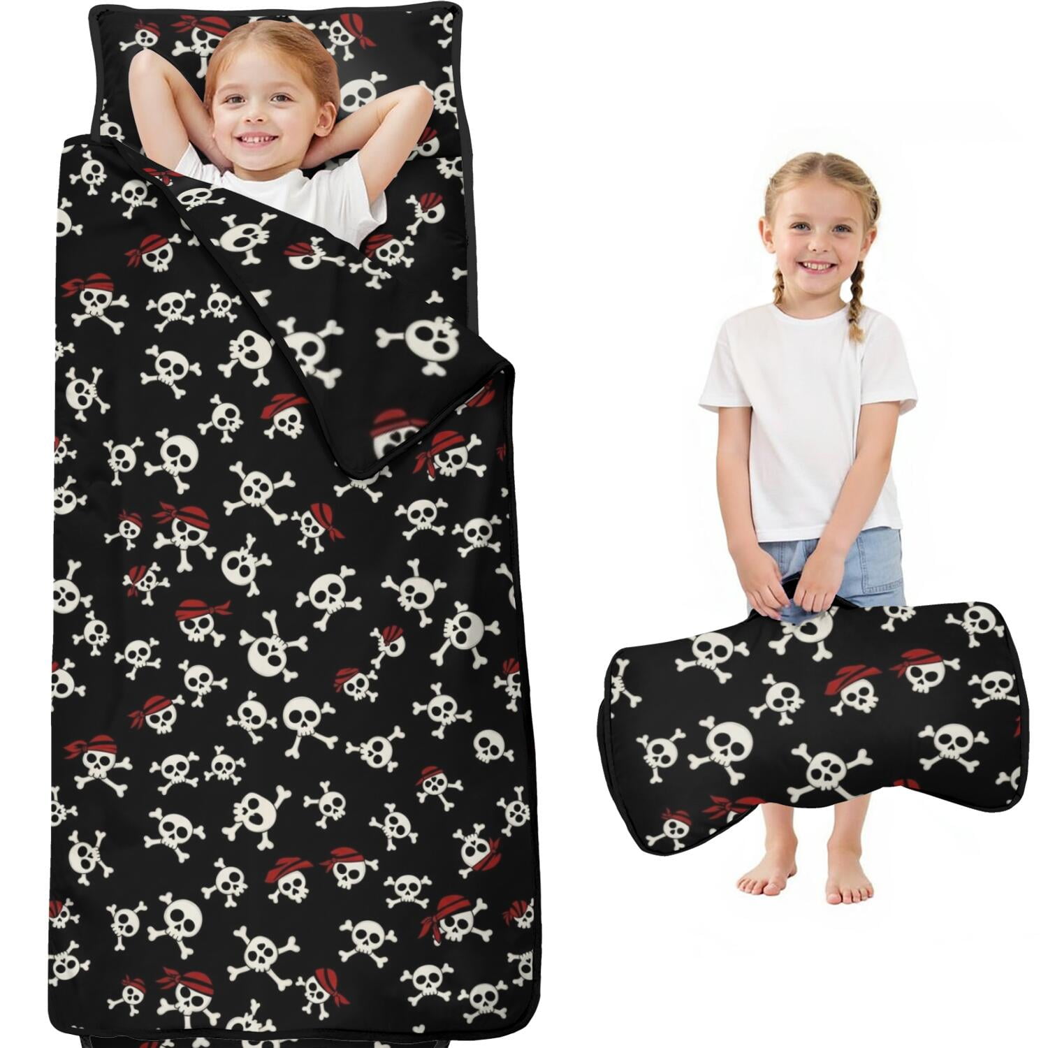 Halloween Pirate Skull Pattern Kids Nap Mat Daycare Sleep Mat with Handle & Fastening Straps Soft Skin Friendly Gifts for Birthday Holiday 60 x20
