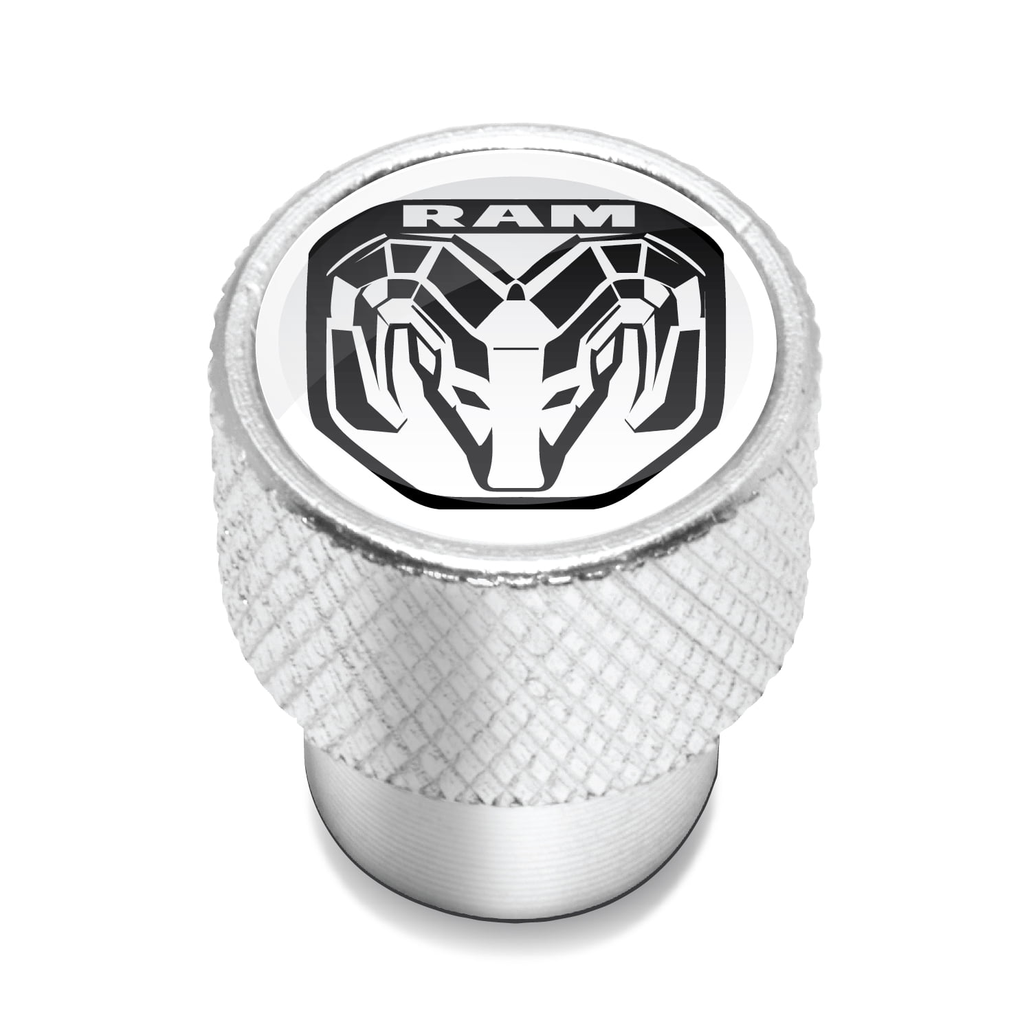 RAM 2019 Logo in White on Shining Silver Aluminum Tire Valve Stem Caps
