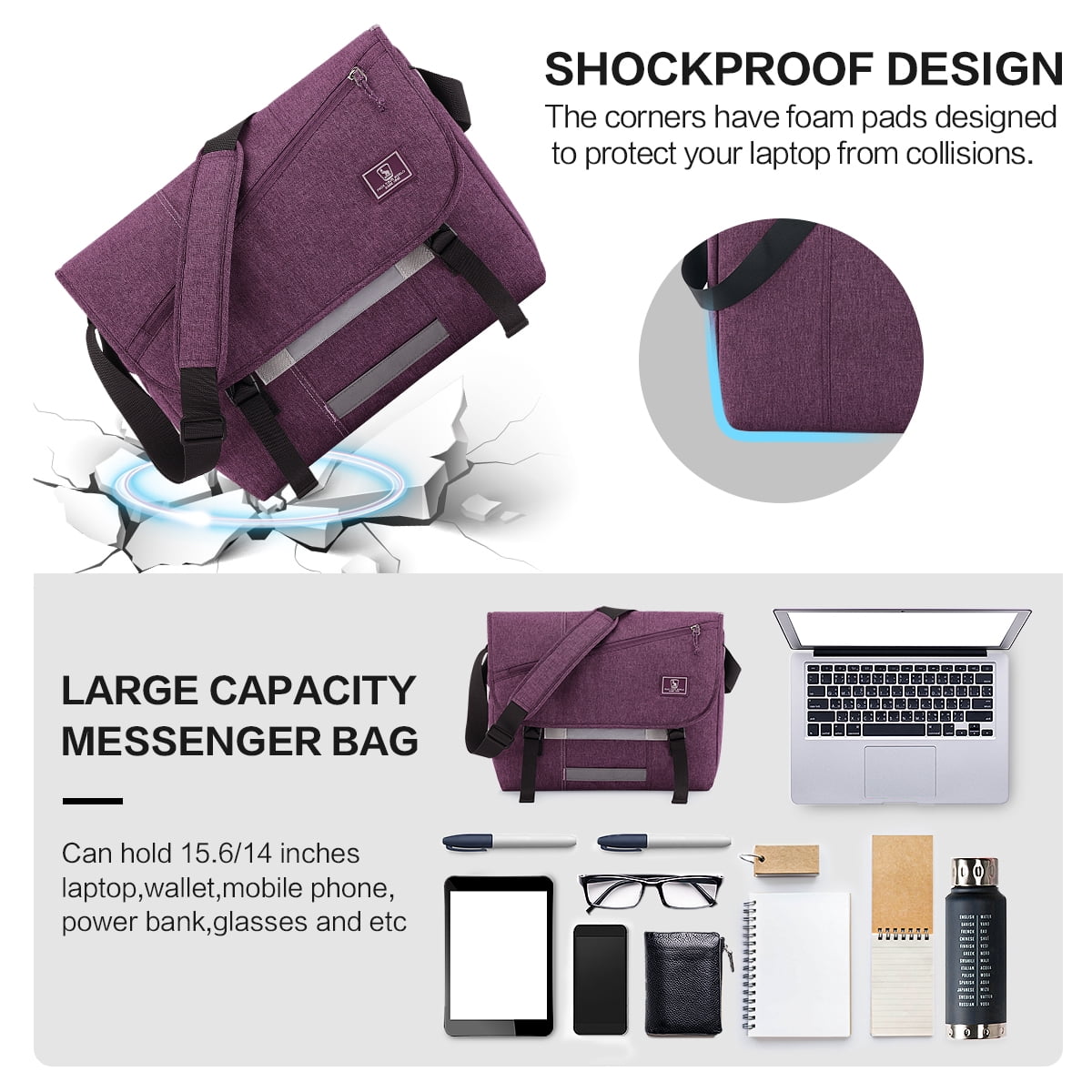 OIWAS 15.6 inch Laptop Messenger Satchel for Men Women, Large Casual Briefcase with Adjustable Strap, Purple