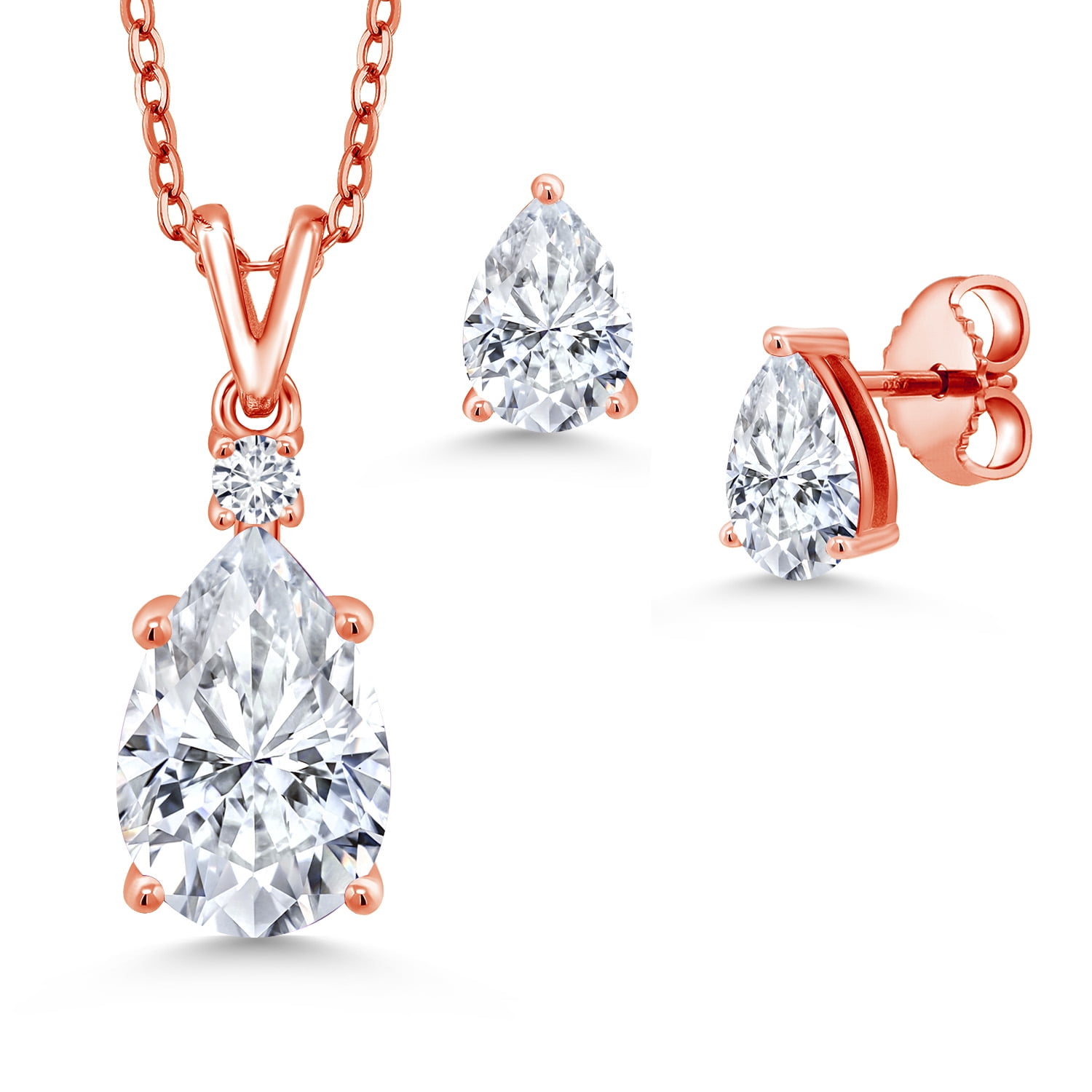 18K Rose Gold Plated Silver White Moissanite and White Diamond Pendant and Earrings Jewelry Set for Women | 4.48 Cttw | Gemstone Birthstone | Pear Shape 12X8MM and 7X5MM | with 18 inch Chain