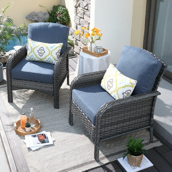 XIZZI 2 Pieces Outdoor Patio Furniture Set Wicker Rattan Single Chair Set,Blue Cushion