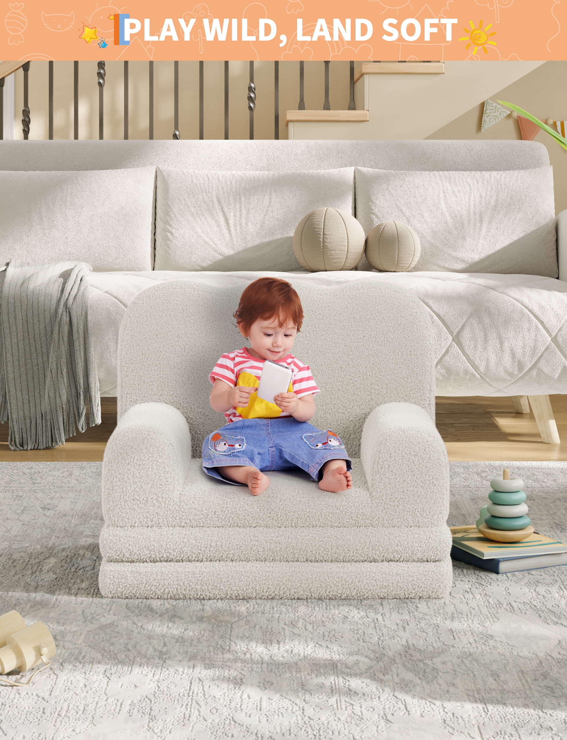 Kids Couch, 2-in-1 Convertible Teddy Fleece Fabric Toddler Sofa Chair, Soft Fold Out Couch Lounger, Comfy Children's Sofa Bed for Nursery Gift