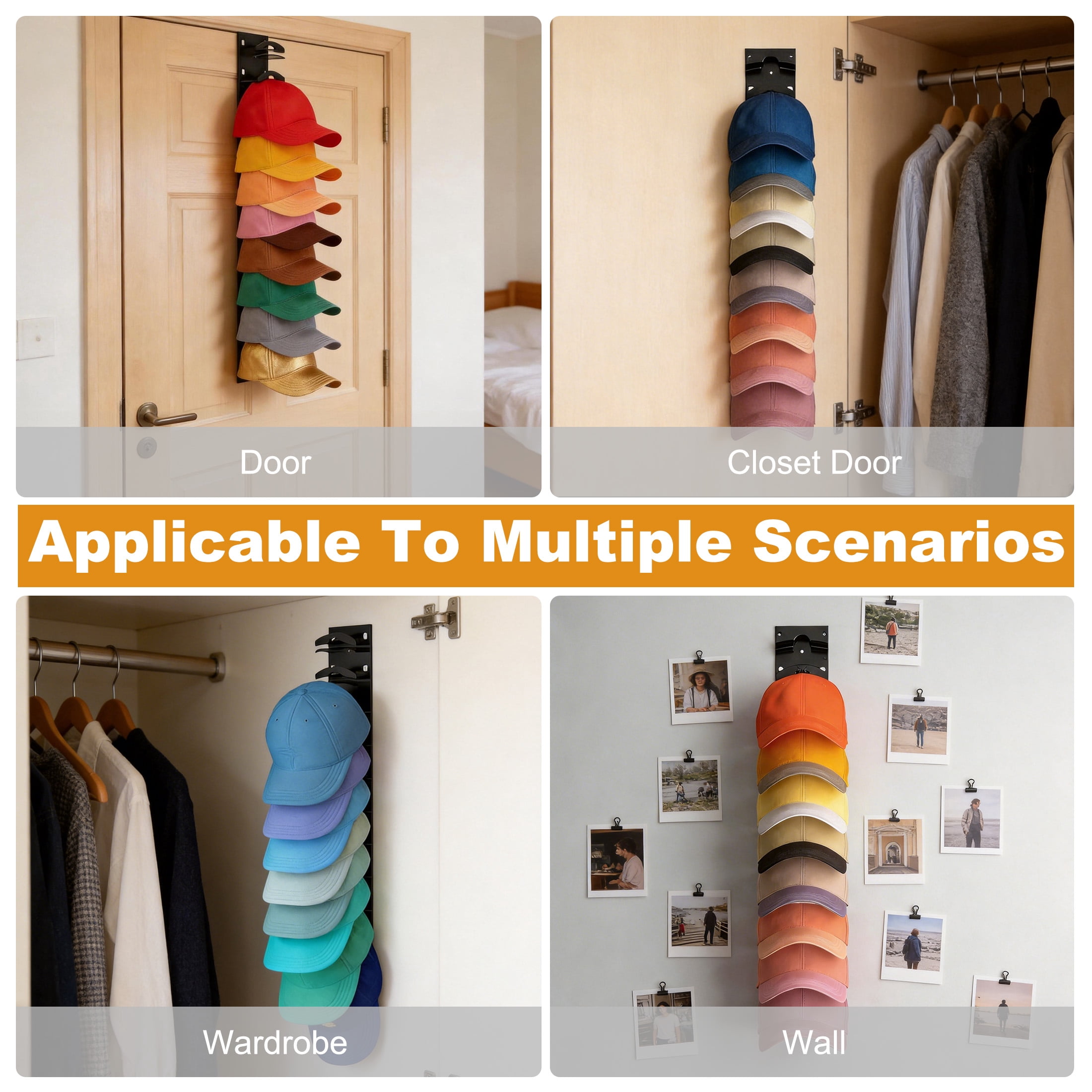 2 Pack Hat Organizer for Baseball Caps, Wall Mounted Cap Holder, No Drill Adhesive Hat Rack Organizer for Door, Closet