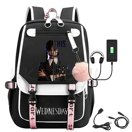 Wednesday Addams Cosplay Backpack USB Charge Laptop Big School