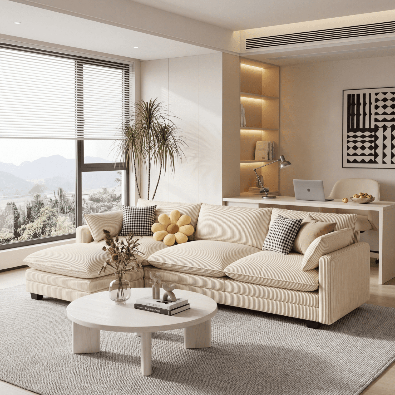 110'' Oversized L Shaped Corduroy Cloud Couches with Ottoman and Washable Cover for Living Room, Modern 4 Seater Cloud Sofa with Comfy Deep Seat and Throw Pillows for Apartment, Beige