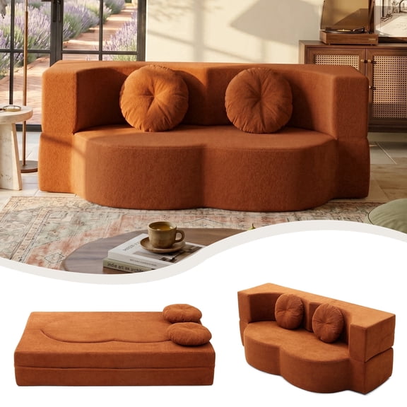 CKEASEAN 76" Twin Size Folding Convertible Sofa Bed, Linen Deep Seat Boneless Couch Sofa with 2 Pillows, Memory Foam Loveseat, Pull Out Bed for Living Room, Apartment, Office, No Assembly Required