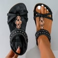 thumbnail image 2 of Rokment Women's Boho Bow Rhinestones Wedges Dress Sandals 2026 Beach Summer Ethnic Comfortable Leather Open Toe Low Heel Slingback Walking Flat Sandals Black Size 9, 2 of 8