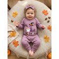 thumbnail image 4 of RUINIXCW Newborn Baby Girl My First Halloween Outfit Infant Baby Fall Winter Clothes Ribbed Romper Pumpkin Ghost Letter Print Long Sleeve Jumpsuit Headband Set, 4 of 9