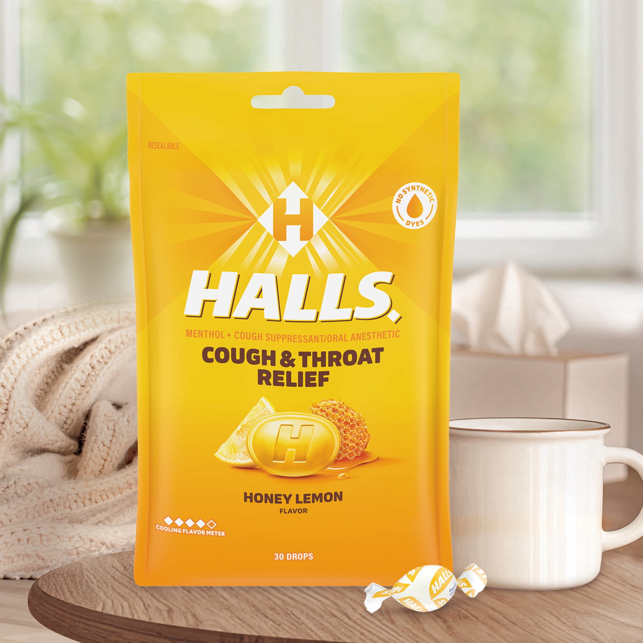 HALLS Cough and Throat Relief Honey Lemon Cough Drops, No Synthetic Dyes, FSA/HSA Eligible, 30 Drops